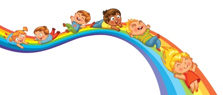 Children ride on a rainbow  Vector illustration  Isolated on white backgroundのイラスト素材