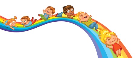 Children ride on a rainbow  Vector illustration  Isolated on white background