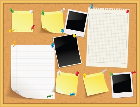 Items pinned to a cork message board with wood frame, ready for your customized text or images  Yellow stick note  Blank worksheet exercise book  Empty shiny photo frame  Vector illustration  Setのイラスト素材
