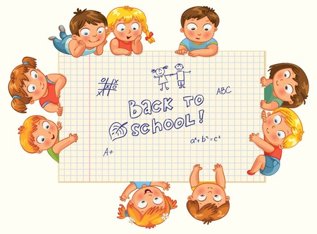 Cute little kids show a blank exercise book for your text entry  Vector illustrationのイラスト素材