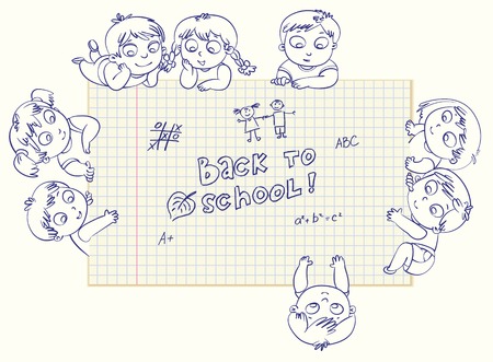 Cute little kids show a blank exercise book for your text entry  Vector illustrationのイラスト素材