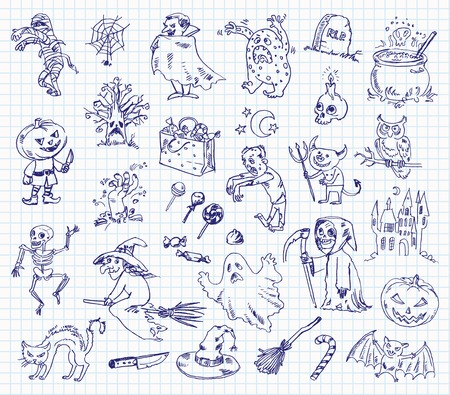 Freehand drawing halloween on a sheet of exercise book. Vector illustration. Setのイラスト素材