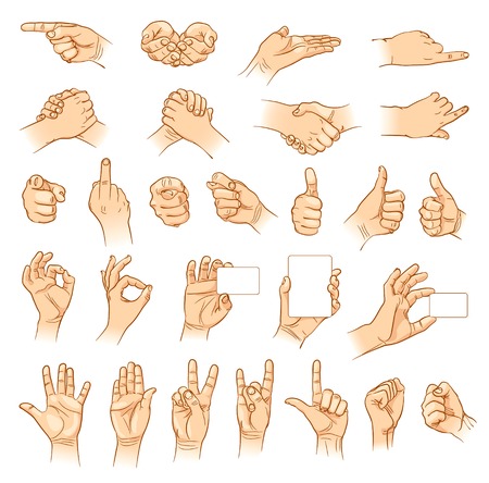 Hands in different interpretations. Vector illustration. Isolated on white backgroundのイラスト素材