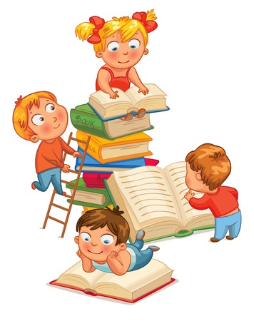 Children reading books in the library. Vector illustration. Isolated on white backgroundのイラスト素材