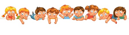 Cute little kids over a white background. Show a blank poster for your text entry. Banner. Vector illustration. Isolatedのイラスト素材