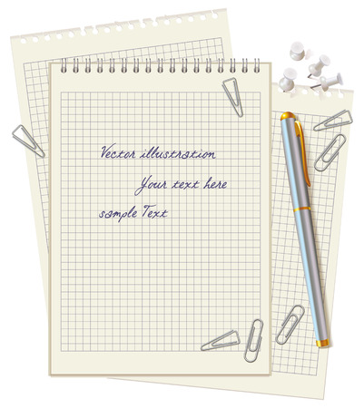 Office supplies scattered on the desktop. Pen, paper clips and buttons. Top view. Vector illustration. Isolated on white background. Setのイラスト素材