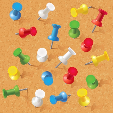 Group of thumbtacks pinned on corkboard  Front view  Vector illustration  Setのイラスト素材