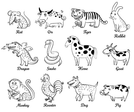 Chinese astrology  Rat, Ox, Tiger, Rabbit, Dragon, Snake, Horse, Goat, Monkey, Rooster, Dog, Pig  Black and white vector illustration  Isolatedのイラスト素材