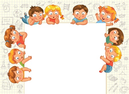 Cute little kids show a blank poster for your text entry  Vector illustrationのイラスト素材