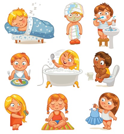 Health and hygiene  Baby girl after the shower in a bathrobe and towel, taking a bath, brushing her hair, tries on a new dress  Funny little boy brushing teeth, sitting on toilet, sleeping, breakfastのイラスト素材