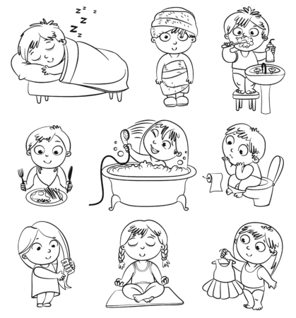 Health and hygiene  Baby girl after the shower in a bathrobe and towel, taking a bath, brushing her hair, tries on a new dress  Funny little boy brushing teeth, sitting on toilet, sleeping, breakfastのイラスト素材