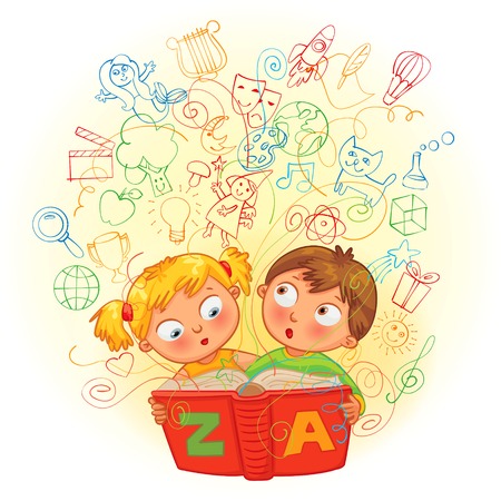 Boy and girl reading a magic book. In the book come to life images. Vector illustration. Isolated on white backgroundのイラスト素材