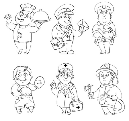 Professions Cook, postman, policeman, boxer, doctor, fireman  Coloring book  Vector illustration  Isolated on white backgroundのイラスト素材