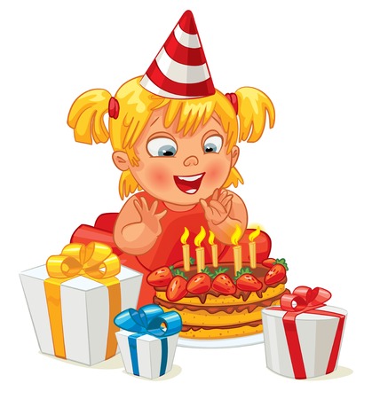 Little girl having fun celebrating her birthday  Lots of gifts and cake  Vector illustration  Isolated on white backgroundのイラスト素材