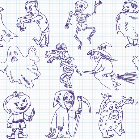 Freehand drawing halloween on a sheet of exercise book  Vector illustration  Seamless patternのイラスト素材
