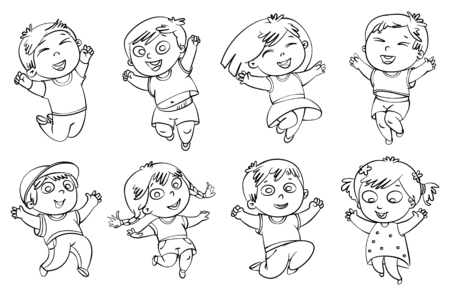 Children jump for joy. Coloring book. Vector illustration. Isolated on white background. Setのイラスト素材