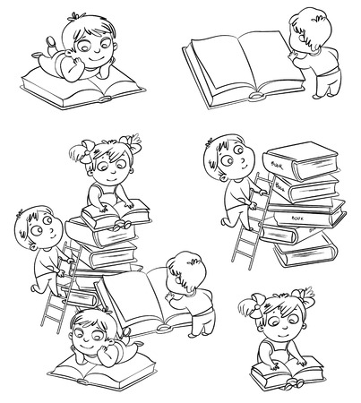 Children reading books in the library. Coloring book. Vector illustration. Isolated on white backgroundのイラスト素材