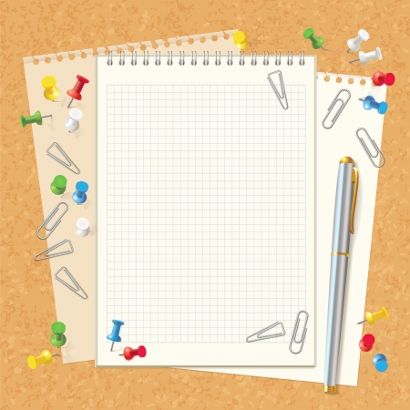 Blank spiral notebook on cork board. Pen, paper clips and buttons. Top view. Vector illustration. Setのイラスト素材
