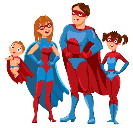 Family of superheroes. Vector illustration. White backgroundのイラスト素材