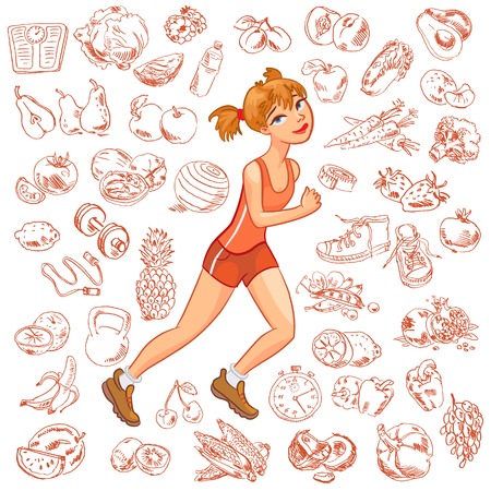 Young woman jogging. Health and fitness. Vector illustration. Isolated on white backgroundのイラスト素材
