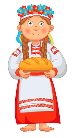 Ukrainian girl meets honored guests with bread and salt. Young Woman in Ukrainian Clothes Holding loaf. Vector illustration. Isolated on white backgroundのイラスト素材
