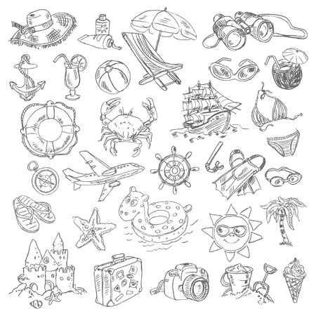 Freehand drawing summer vacation on a sheet of exercise book. Vector illustration. Setのイラスト素材