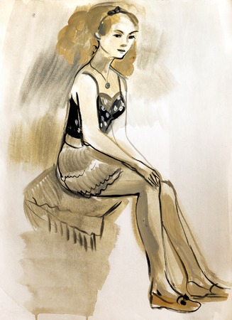 Sketch of a female figure. Hand-drawing in gouacheの写真素材
