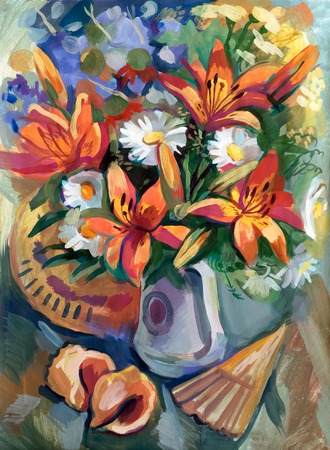 Still life a bouquet of flowers. Hand-drawn in gouacheの写真素材