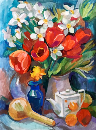 Still life a bouquet of flowers. Hand-drawn in gouacheの写真素材