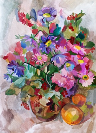 Still life a bouquet of flowers. Hand-drawn in gouacheの写真素材
