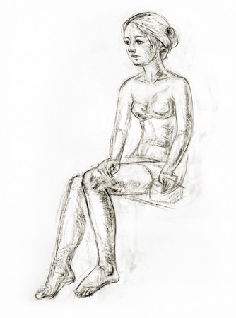 Academic figure drawing of a young girl. Hand-drawing in pencilの写真素材