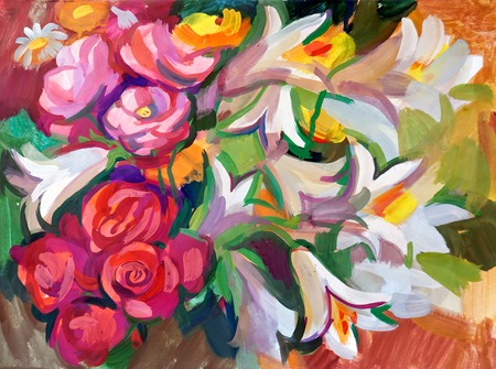 Still life a bouquet of flowers. Hand-drawn in gouacheの写真素材