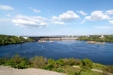 View on the water-power plant dam and river Dnipro from the Khortytsya islandの写真素材