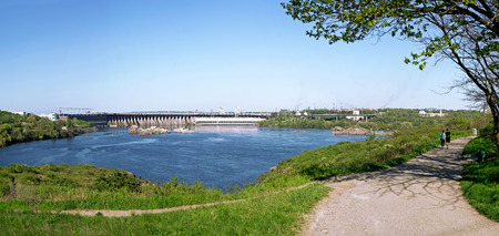 View from Khortytsia island to Hydroelectric Station. Zaporizhia. Ukraine.の写真素材