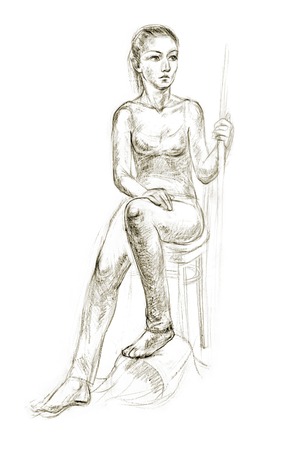 Academic figure drawing of a young girl. Hand-drawing in pencilの写真素材