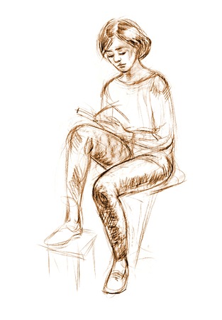 Academic figure drawing of a young girl. Hand-drawing in pencilの写真素材