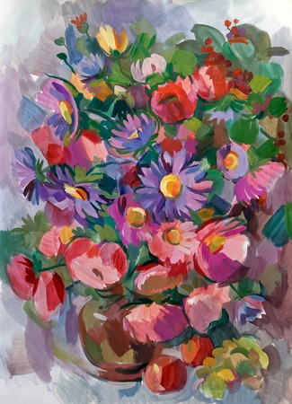 Still life a bouquet of flowers. Hand-drawn in gouacheの写真素材