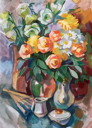 Still life a bouquet of flowers. Hand-drawn in gouacheの写真素材