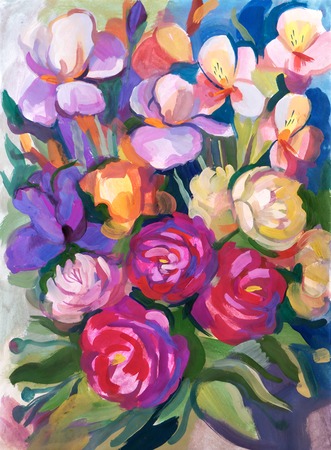 Still life a bouquet of flowers. Hand-drawn in gouacheの写真素材