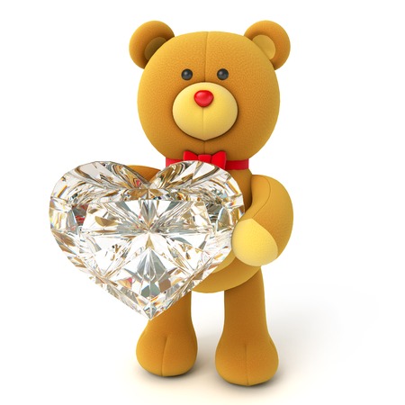 Toy teddy bear holding a large diamond heart. Congratulation to wedding or Valentine's Day. Isolated on white background. 3d renderの写真素材