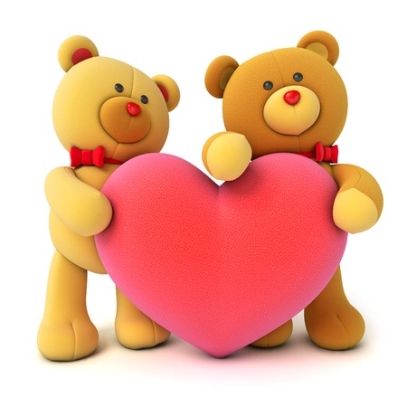 Toy teddy bear holding a heart. Congratulation to wedding or Valentine's Day. Isolated on white background. 3d renderの写真素材