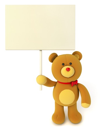 Toy teddy bear holding blank board. Isolated on white background. 3d renderの写真素材