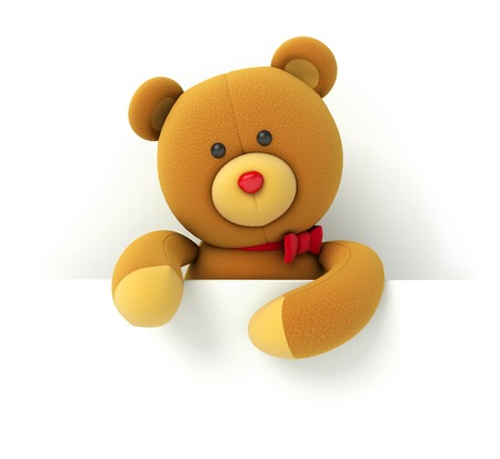 Toy teddy bear holding blank board. Isolated on white background. 3d renderの写真素材