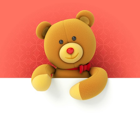 Toy teddy bear holding blank board. Hiding behind the corner. Funny and cute characters on a red background. 3d renderの写真素材