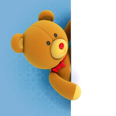 Toy teddy bear holding blank board. Hiding behind the corner. Funny and cute characters on a blue background. 3d renderの写真素材