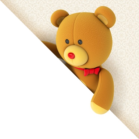 Cute funny toy teddy bear holding white page, hiding behind the corner, 3d renderの写真素材