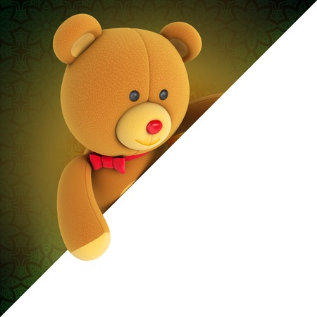 Toy teddy bear holding white page. Hiding behind the corner. Funny and cute characters on a dark background. 3d renderの写真素材