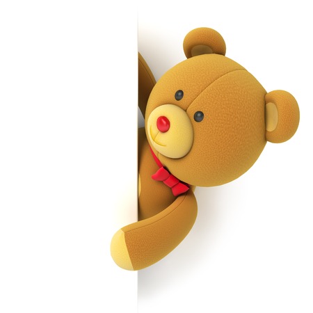 Toy teddy bear with blank board. Hiding behind the corner. Isolated on white background. 3d renderの写真素材