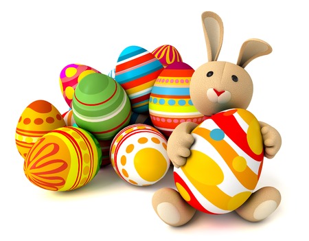 Happy Easter. Cute funny toy bunny holding in the paws of a large Easter egg. Pile of eggs. Conceptual illustration. Isolated on white background. 3d renderの写真素材