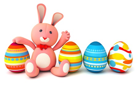 Cute plush bunny sitting in the same row with easter eggs. Isolated on white background. 3d renderの写真素材